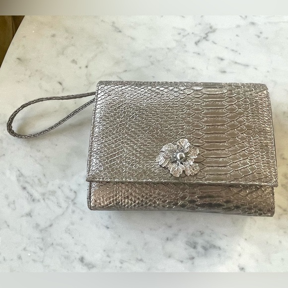 Neiman Marcus Silver Snake-embossed Wristlet, rhinestone & faux pearl accent
